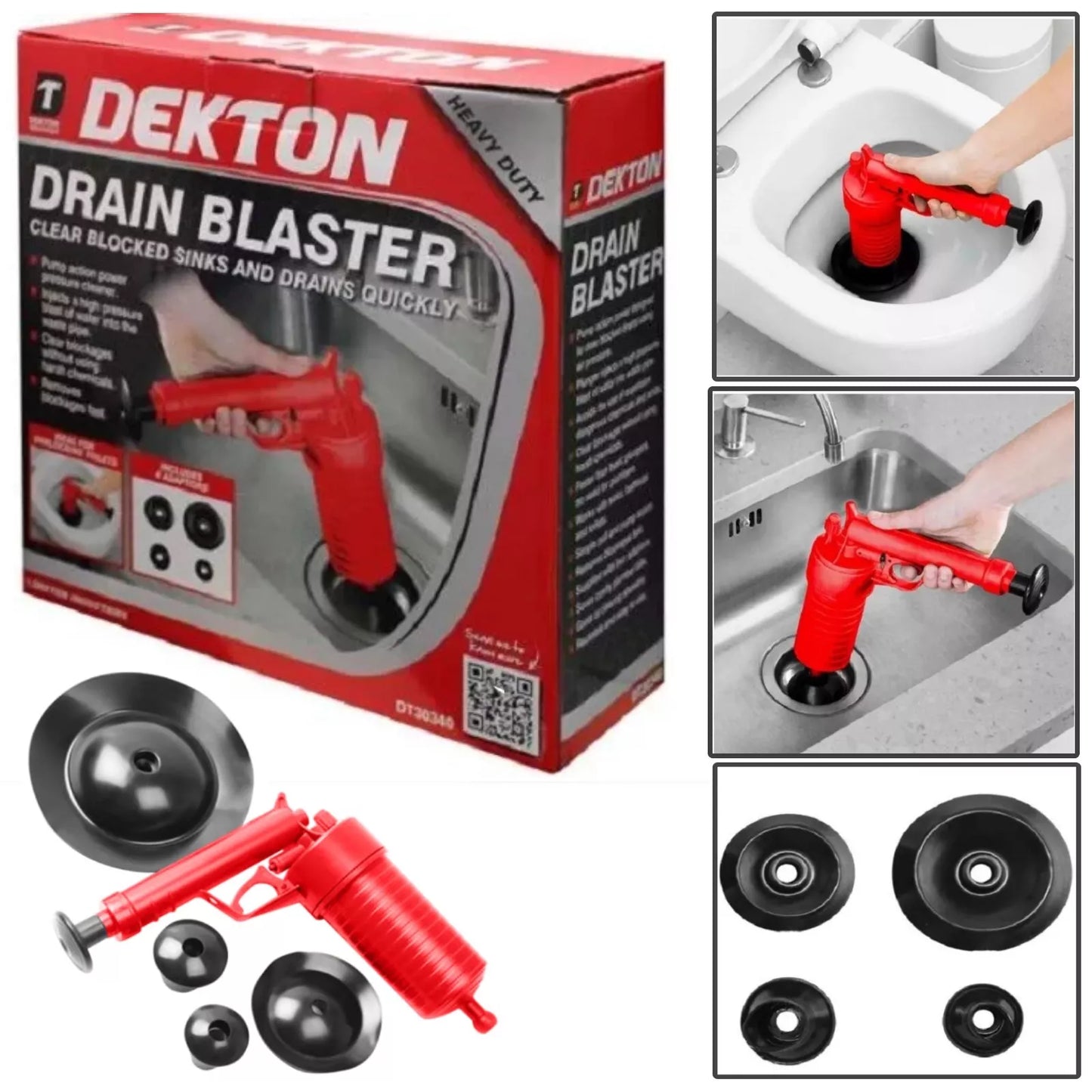 Dekton Air Pump Plunger - Drain Blaster for Sink, Bath & Toilet Unblocking