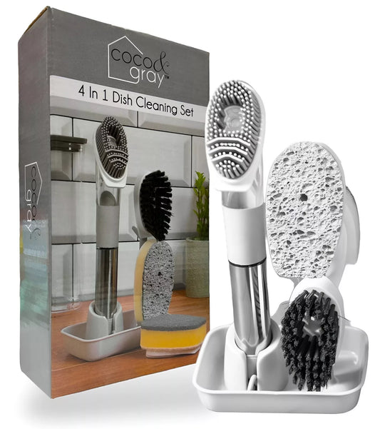 4 In 1 Dish Scrubber Home Kitchen Brush Set Bathroom Soap Dispensing Easy Clean