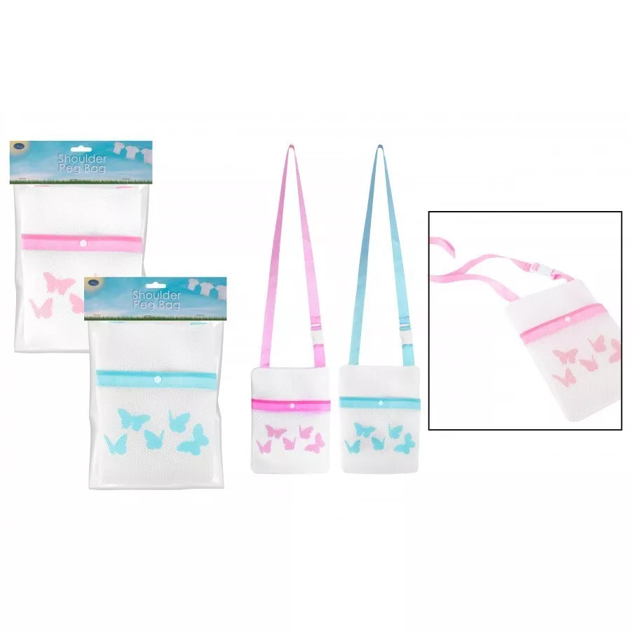 Peg Bag Shoulder Strap Laundry Butterfly Print 27.5 x 21cm Mesh Pink or Blue