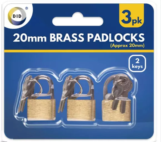 DID 20mm Brass Padlocks with Keys 3pc