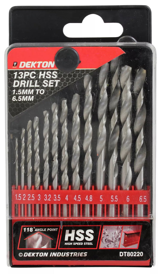 Dekton 13pc Hss Drill Set 1.5mm To 6.5mm High Speed Steel Drill Bits, Hss Shank